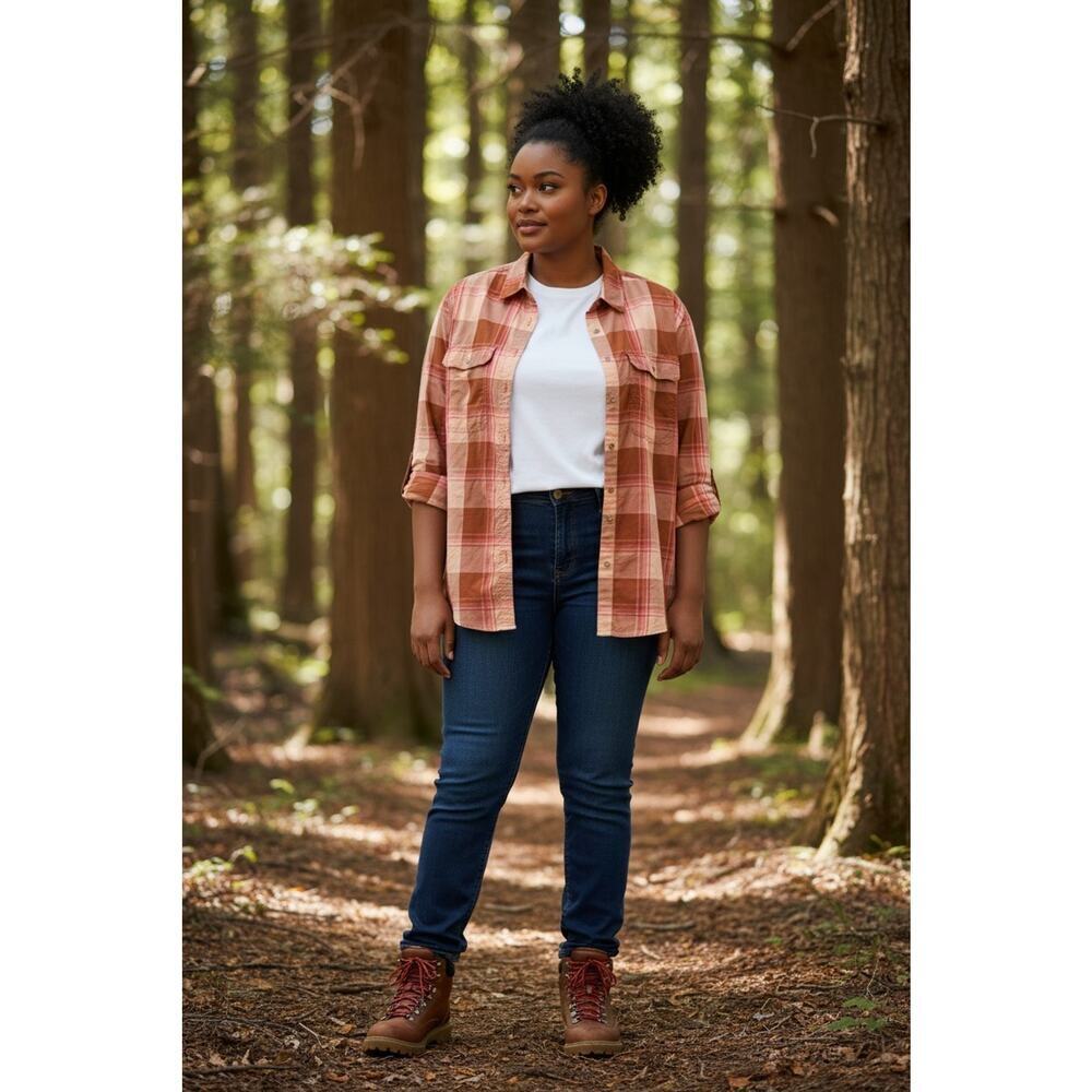 NWT Eddie Bauer Womens 3XL Mountain Roll Tab Sleeve Top Pink Plaid Vented $90